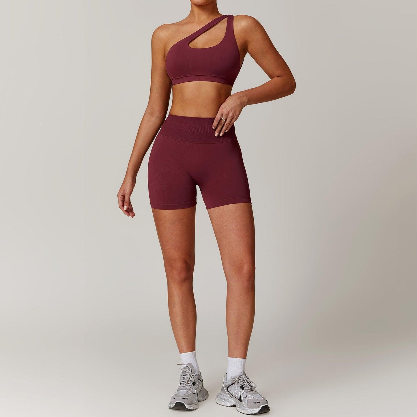 Slant Shoulder Bra + High-Waisted Shorts Yoga Set | Country Girl Fitness Outfit