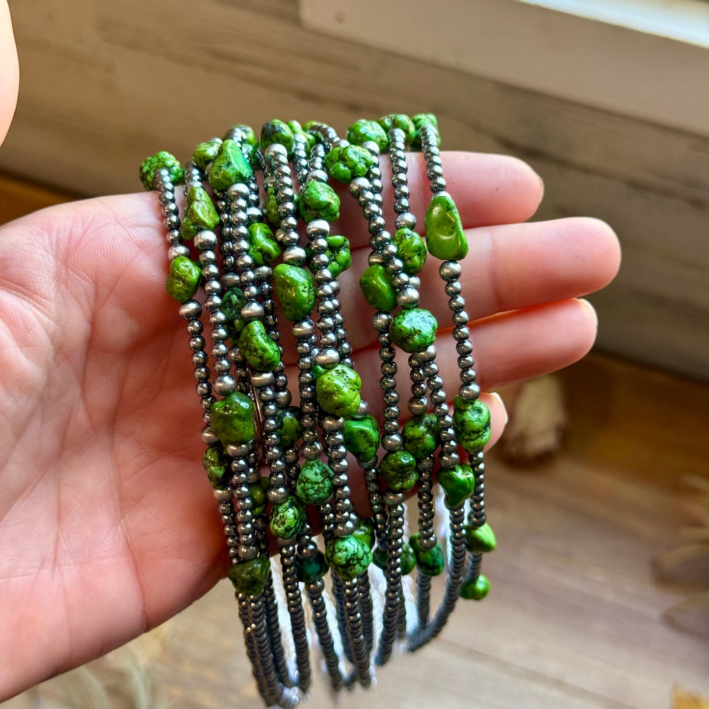 Green Nugget Turquoise & Sterling Silver Pearl Necklace