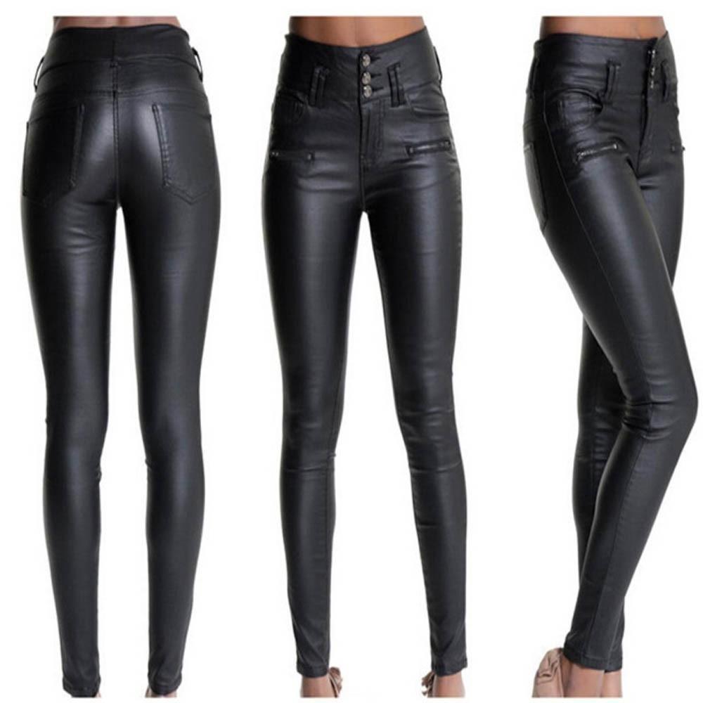 Edgy Rebel High-Waist Skinny Leather Pants – Shiny Black Faux Leather, Street Style, Motorcycle Chic
