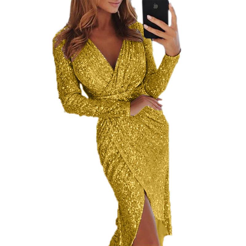Long Sleeve V-Neck Sequin Dinner Dress | Sexy Chic Dress for Special Occasions