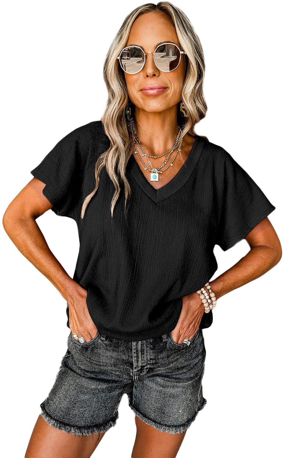 Crinkled V Neck Tee