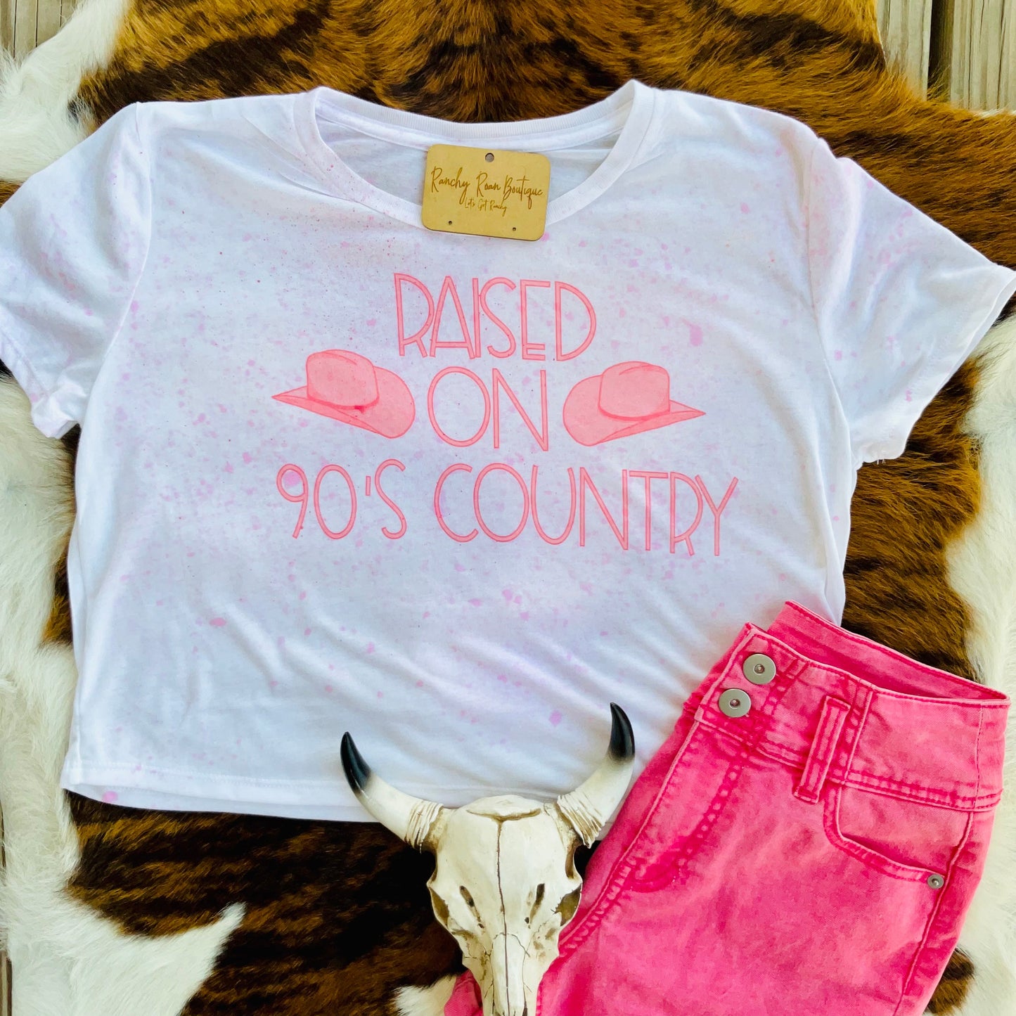 Raised on 90’s Country Pink Boho Western Cropped Tee