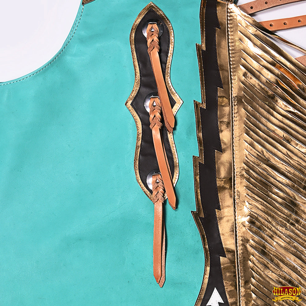 Hilason Pro Rodeo Bull Riding Chaps Genuine Leather Turquoise