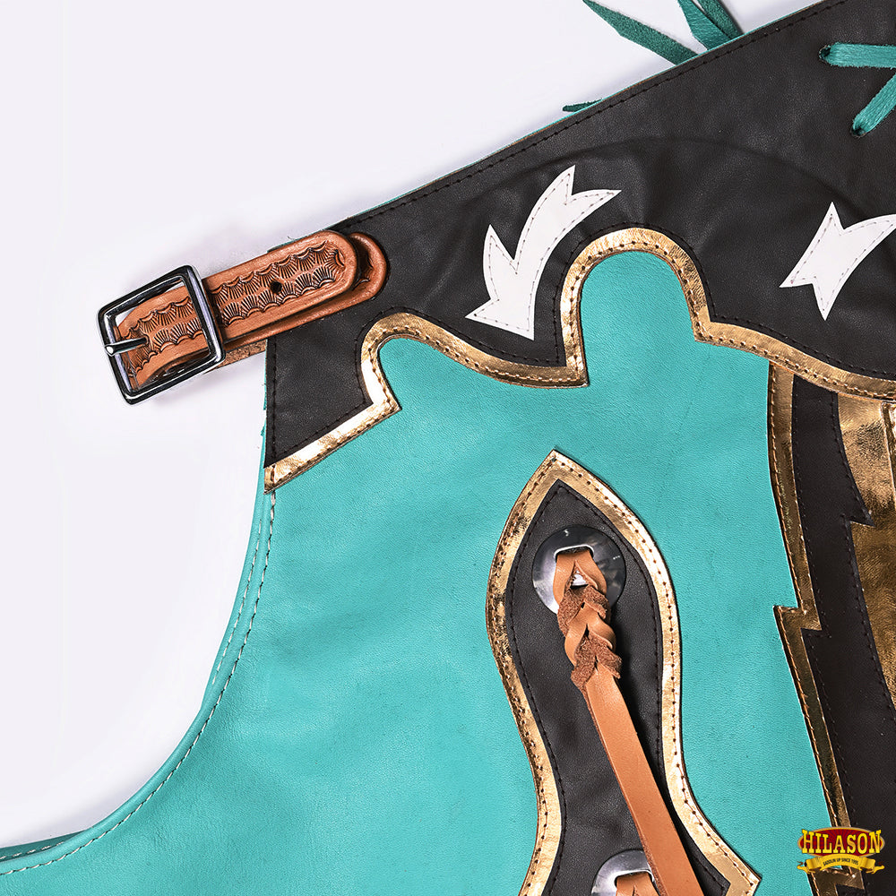 Hilason Pro Rodeo Bull Riding Chaps Genuine Leather Turquoise