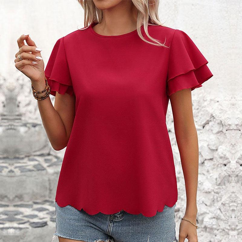 Lotus Blossom Ruffle Top - Stylish Red Double-layer Lotus Leaf Sleeve Blouse