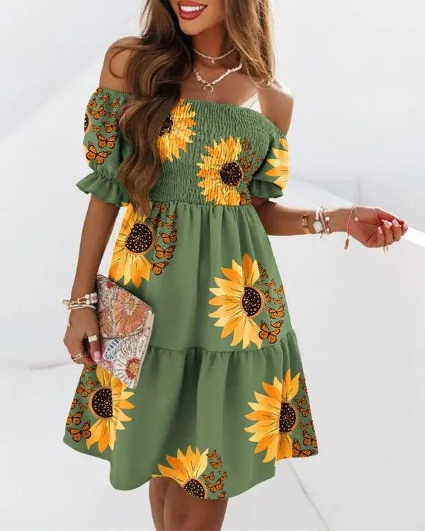 Boho Breeze Off-Shoulder Pleated Dress – Stylish Cowgirl Casual Wear
