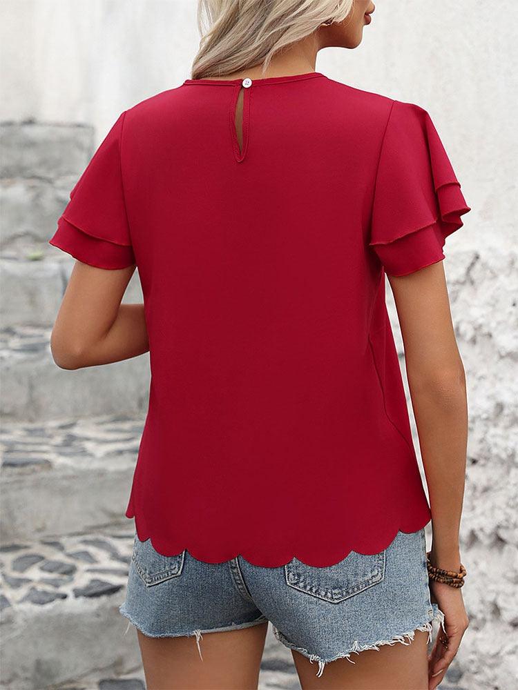 Lotus Blossom Ruffle Top - Stylish Red Double-layer Lotus Leaf Sleeve Blouse