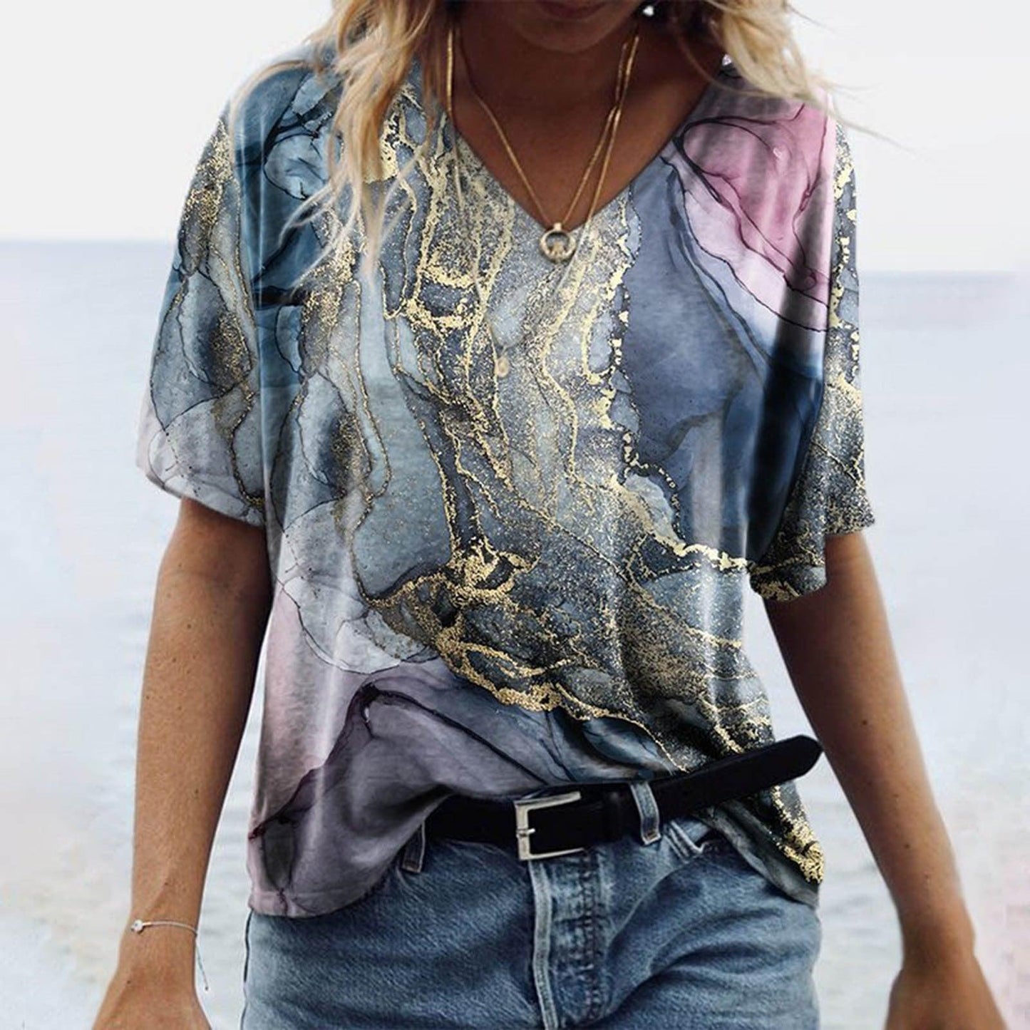 Women's Spring Glitzy V-Neck Short Sleeved Marble Print Top