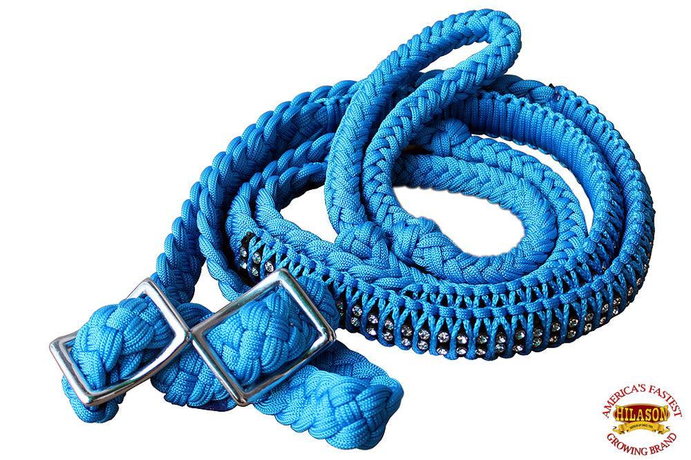 1" X 8Ft Hilason Braided Poly Horse Barrel Reins Flat Grip Knots Crystal