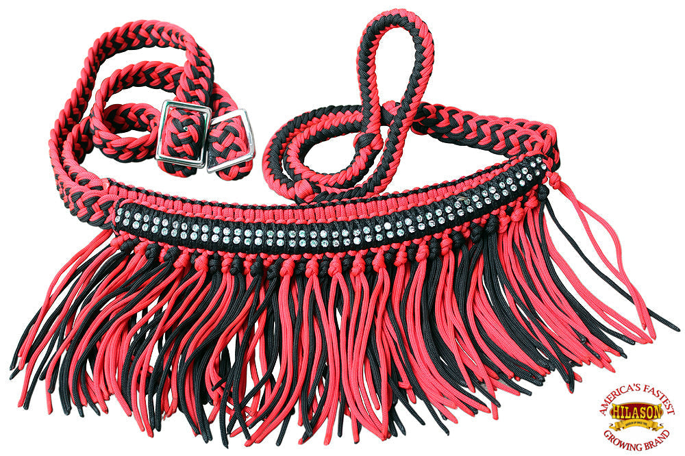 1" X 8Ft Hilason Braided Barrel Horse Racing Reins Knots Fringe Crystal