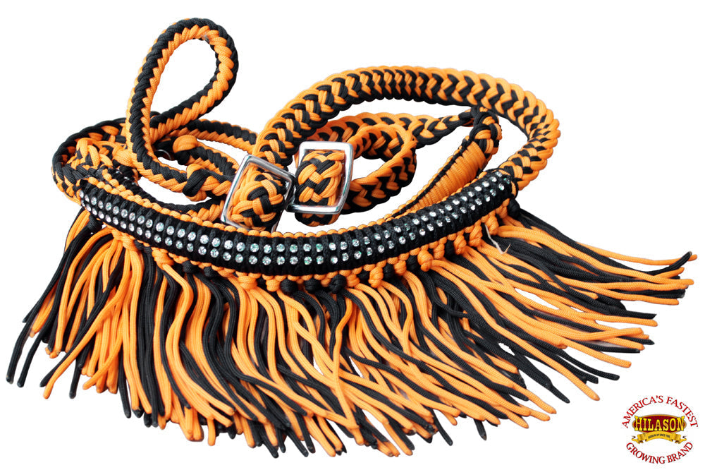 1" X 8Ft Hilason Braided Barrel Horse Racing Reins Knots Fringe Crystal