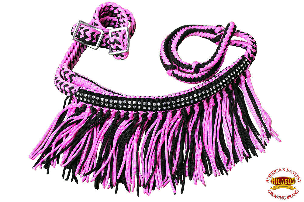 1" X 8Ft Hilason Braided Barrel Horse Racing Reins Knots Fringe Crystal