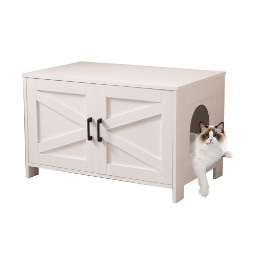 Hidden Litter Box Furniture With Barn Door, Wooden Cat Washroom Furniture, Cat House, End Table, Fit Most Of Litter Box