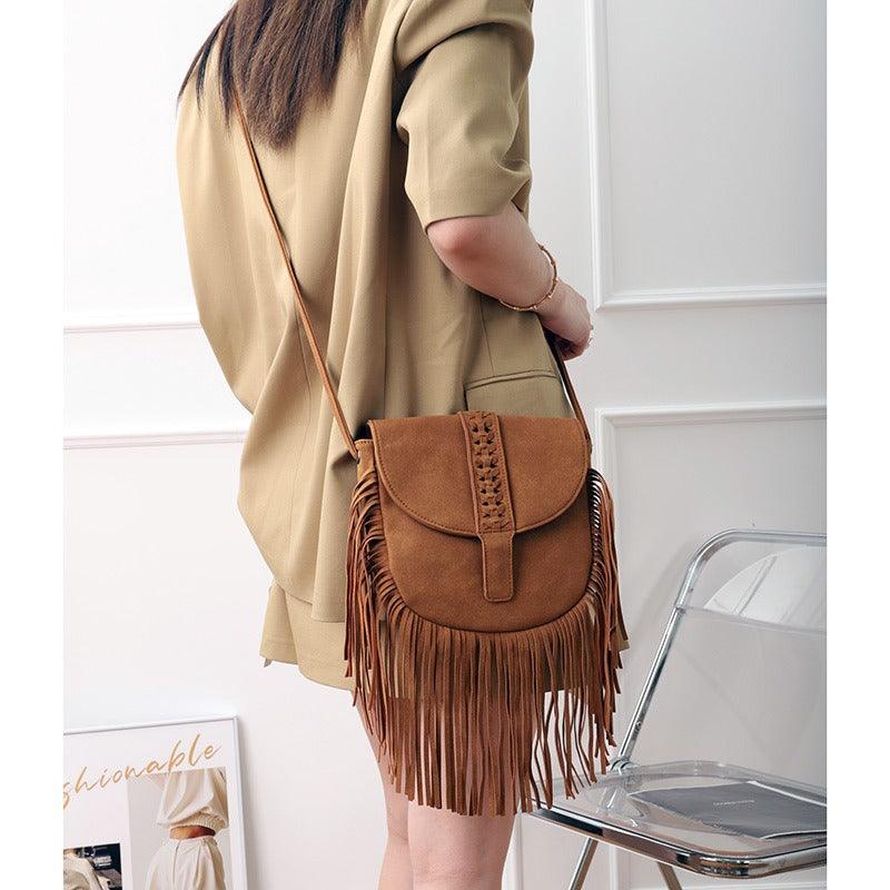 Dakota Tasseled Boho Leather Bag - Trendy Large Tassel Shoulder Bag