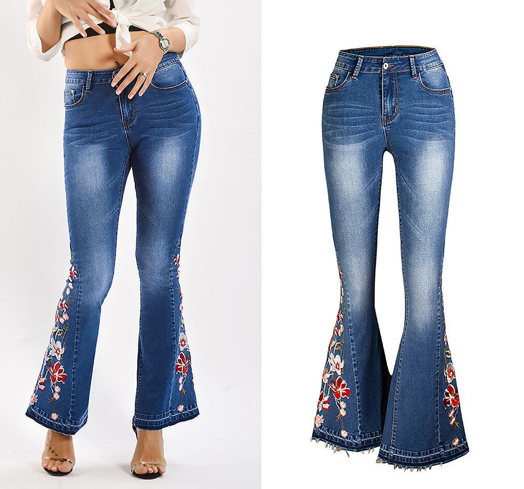 Flared Leg Embroidered Denim Jeans | Cowgirl Style with a Floral Touch