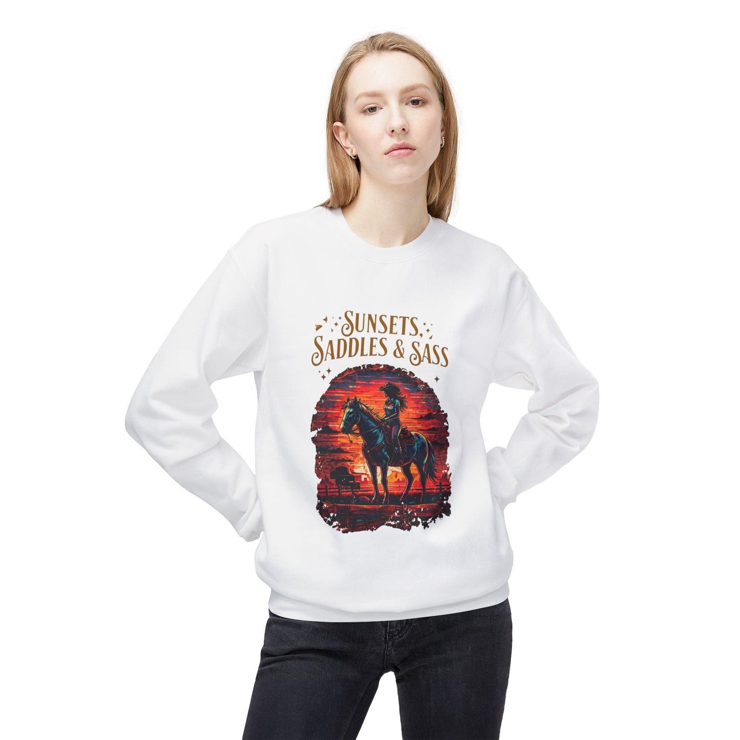 Sunsets Saddles and Sass Softstyle Fleece Crewneck Sweatshirt