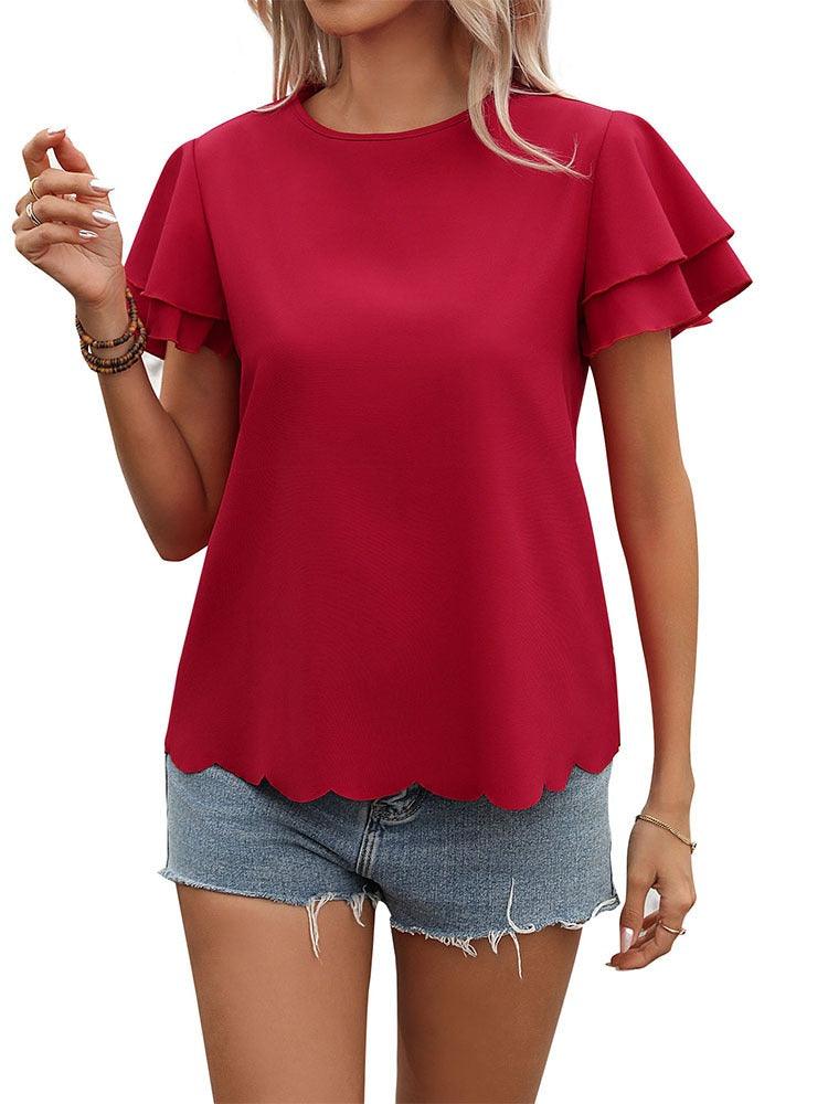 Lotus Blossom Ruffle Top - Stylish Red Double-layer Lotus Leaf Sleeve Blouse