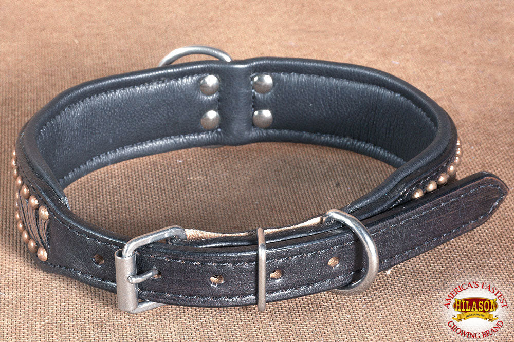Hilason Heavy Duty Genuine Leather Dog Collar Floral Carving Dark Large