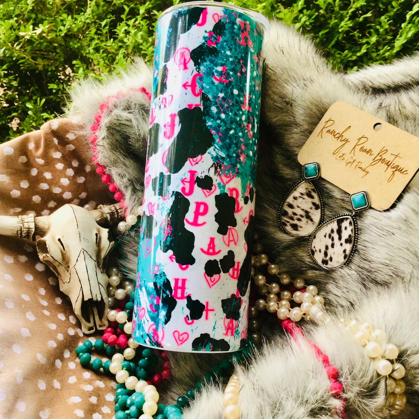 Cattle Brand Turquoise Cow Print 20oz Skinny Tumbler