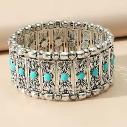Western Silver Leaf and Bead Fashion Bracelets - Turquoise