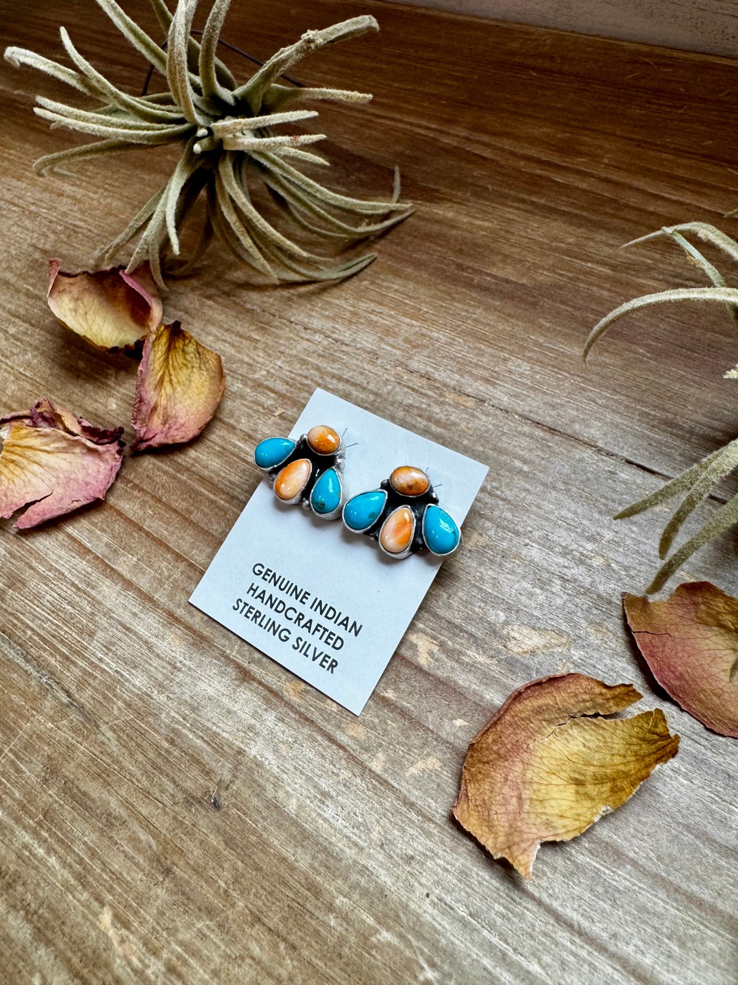 Stud Earrings – Orange Spiny & Turquoise (Stamped Marcella James)