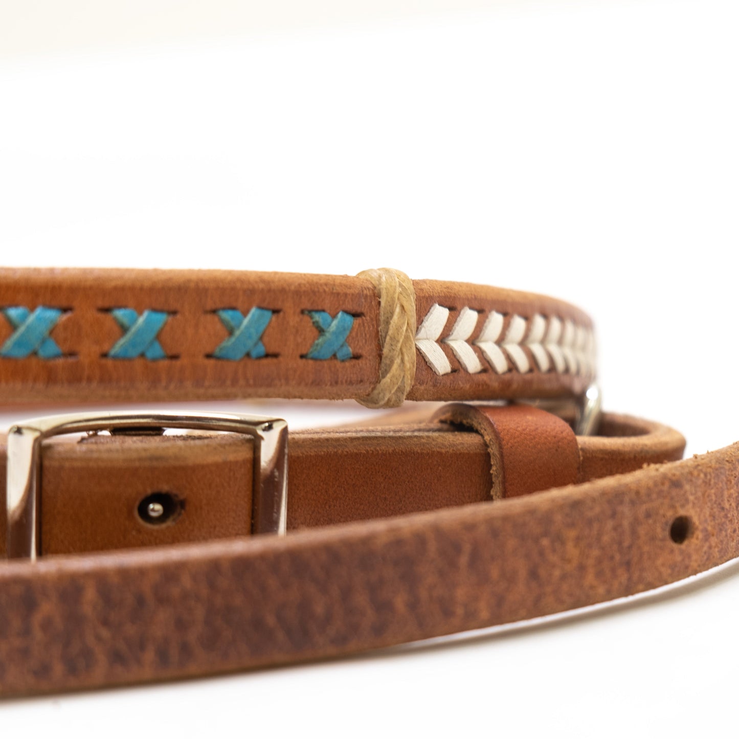 E-730-RBW 5/8" Sherrylynn Johnson barrel rein harness leather red, blue, and white lacing with dividers and snaps