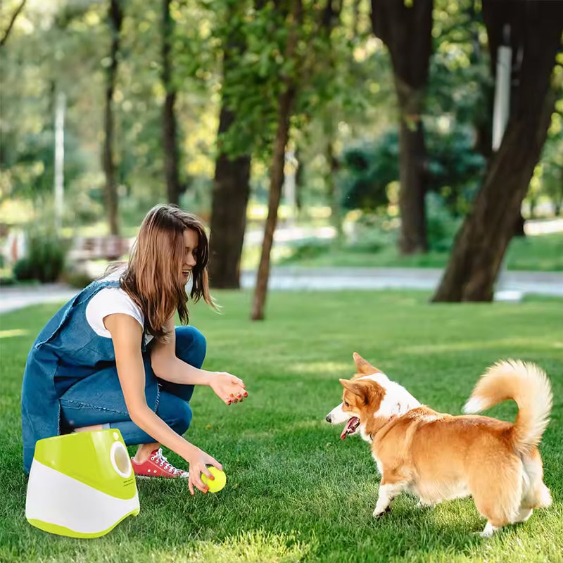 Rechargeable automatic tennis ball launcher for pets. Includes 3 balls, promotes interactive play.