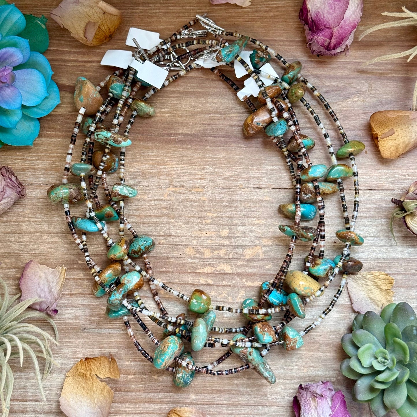 22” Chunky Turquoise & Dark Brown Shell Heishi Necklace