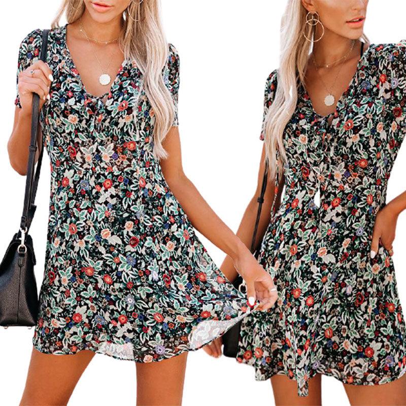 Women's Summer Short Sleeve V-Neck Floral Dress