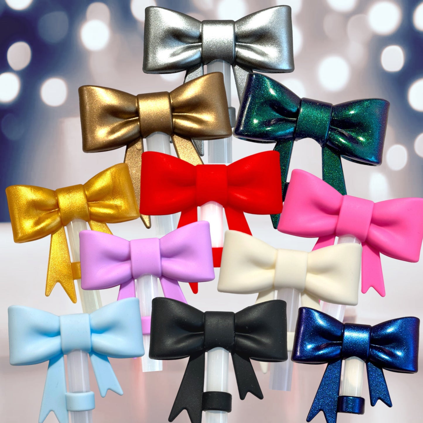 Blue Metallic 3D Bow Straw Topper