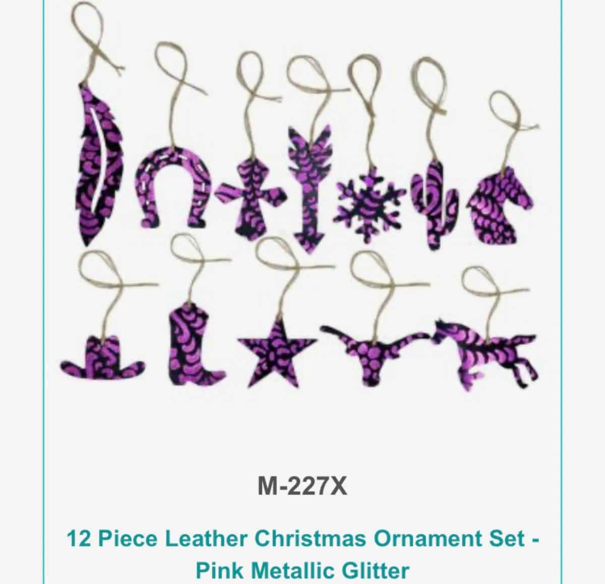 12 Piece Leather Christmas Ornament Set - Pink Metallic Glitter Product ID: M-227X
