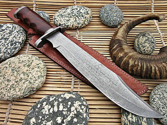 Original 17" Antique Damascus Steel Bowie Knife – Rosewood Handle & Damascus Steel Guard with Leather Sheath
