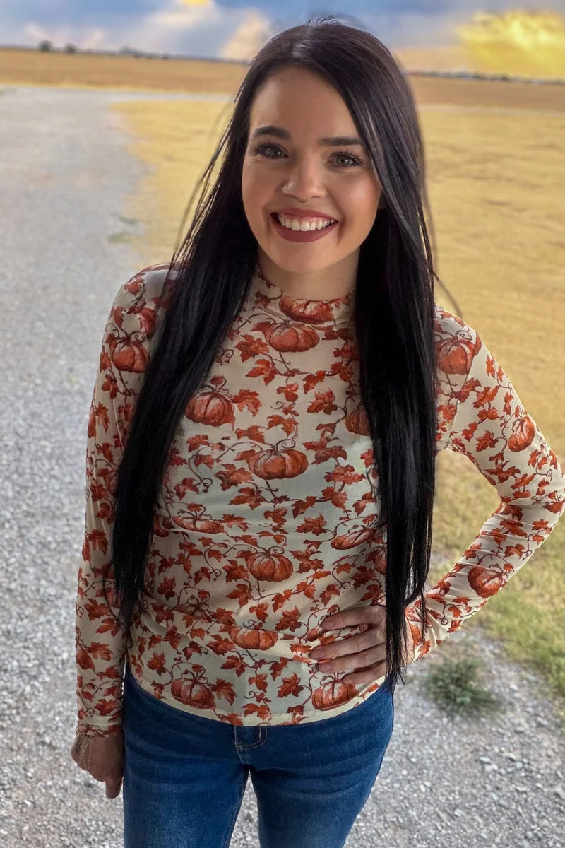 Pumpkin & petals mesh top