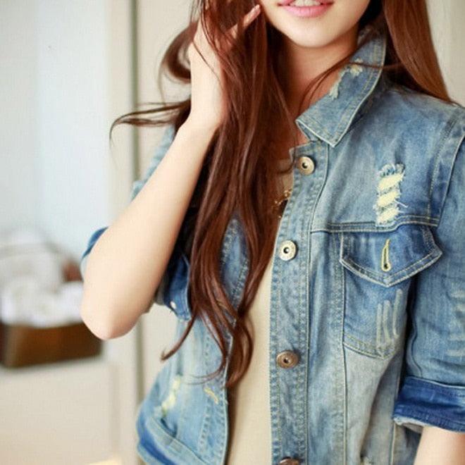 Cute Diamonds Encrusted Half Sleeve Denim Jacket