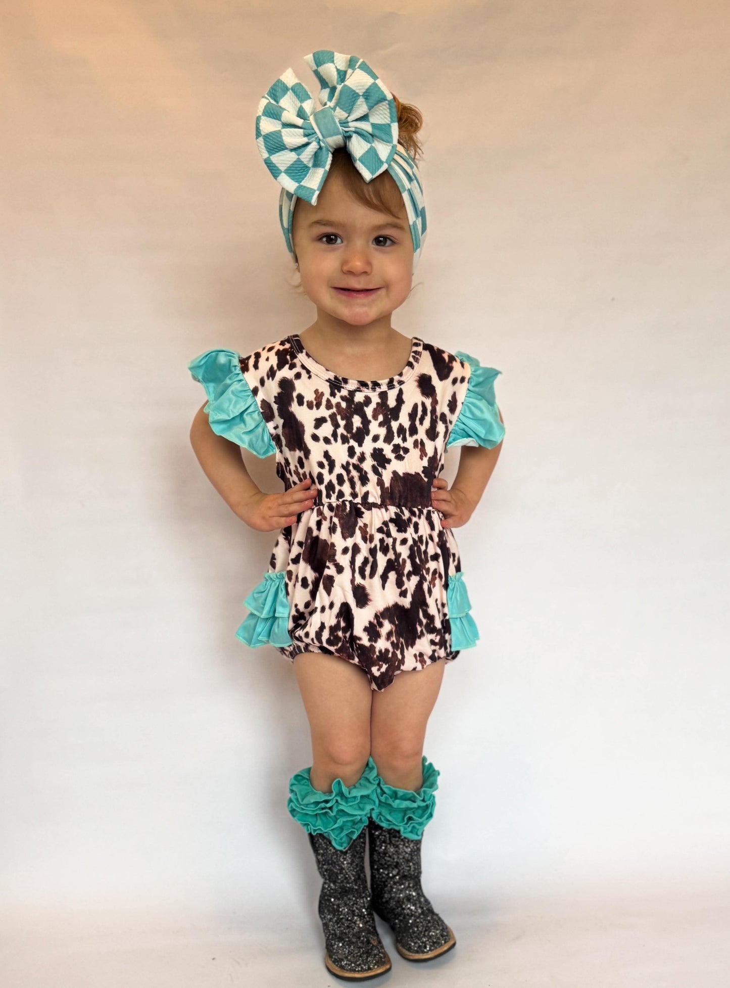 2T Cow Print With Mint Ruffles Romper (FINAL SALE)