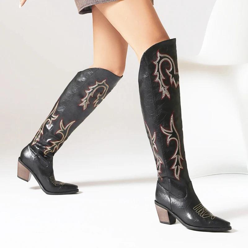 Western Allure High Heel Over the Knee Boots - Embellished Cowboy Style