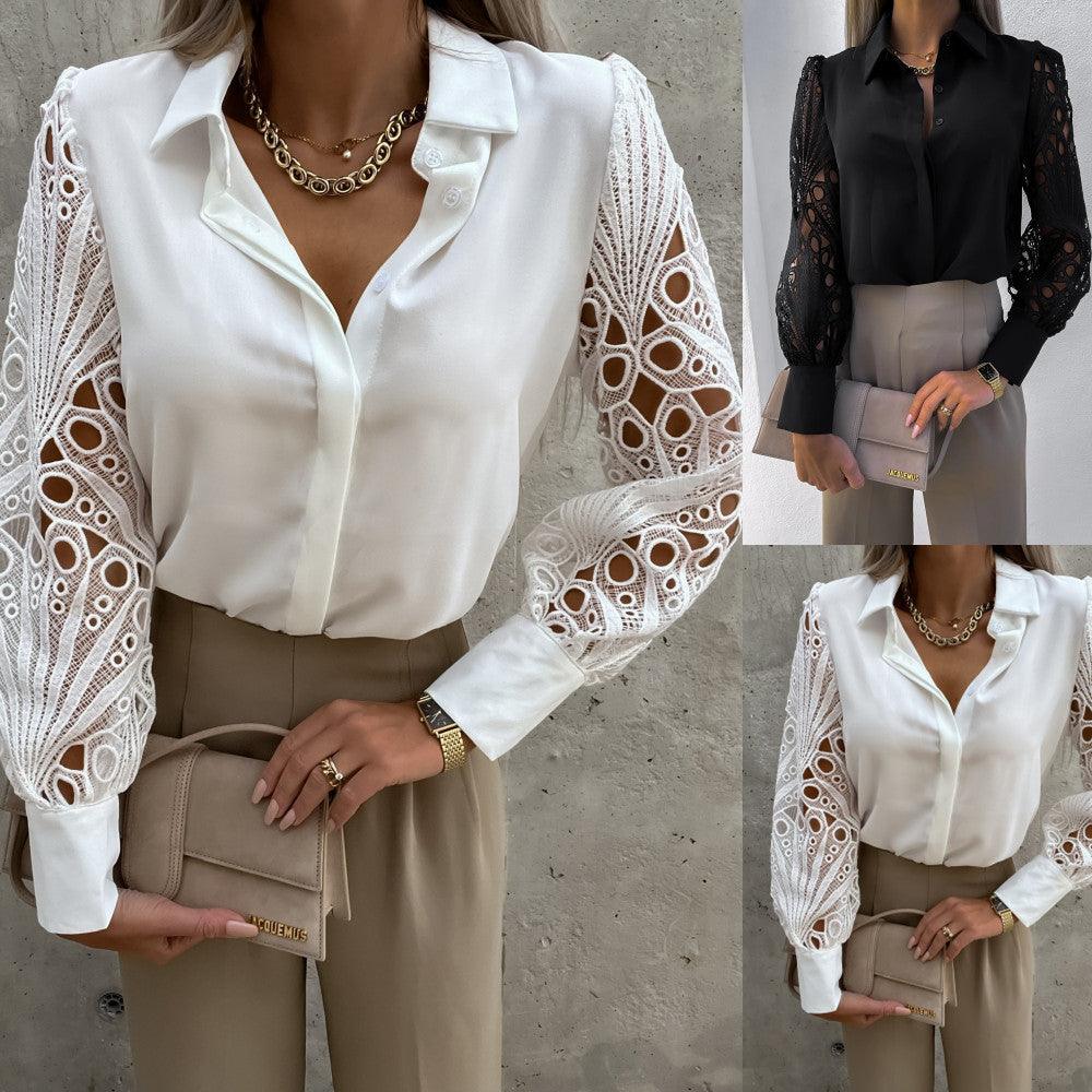 Luxe Lace Button-Up Top - Elegant Cotton Blouse with Lace Details