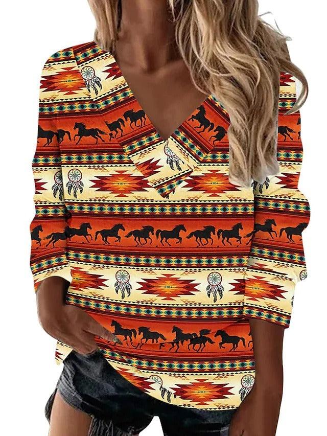 Boho Western V-Neck Long Sleeved Top – Stylish Cowgirl Fashion with Geometric Patterns