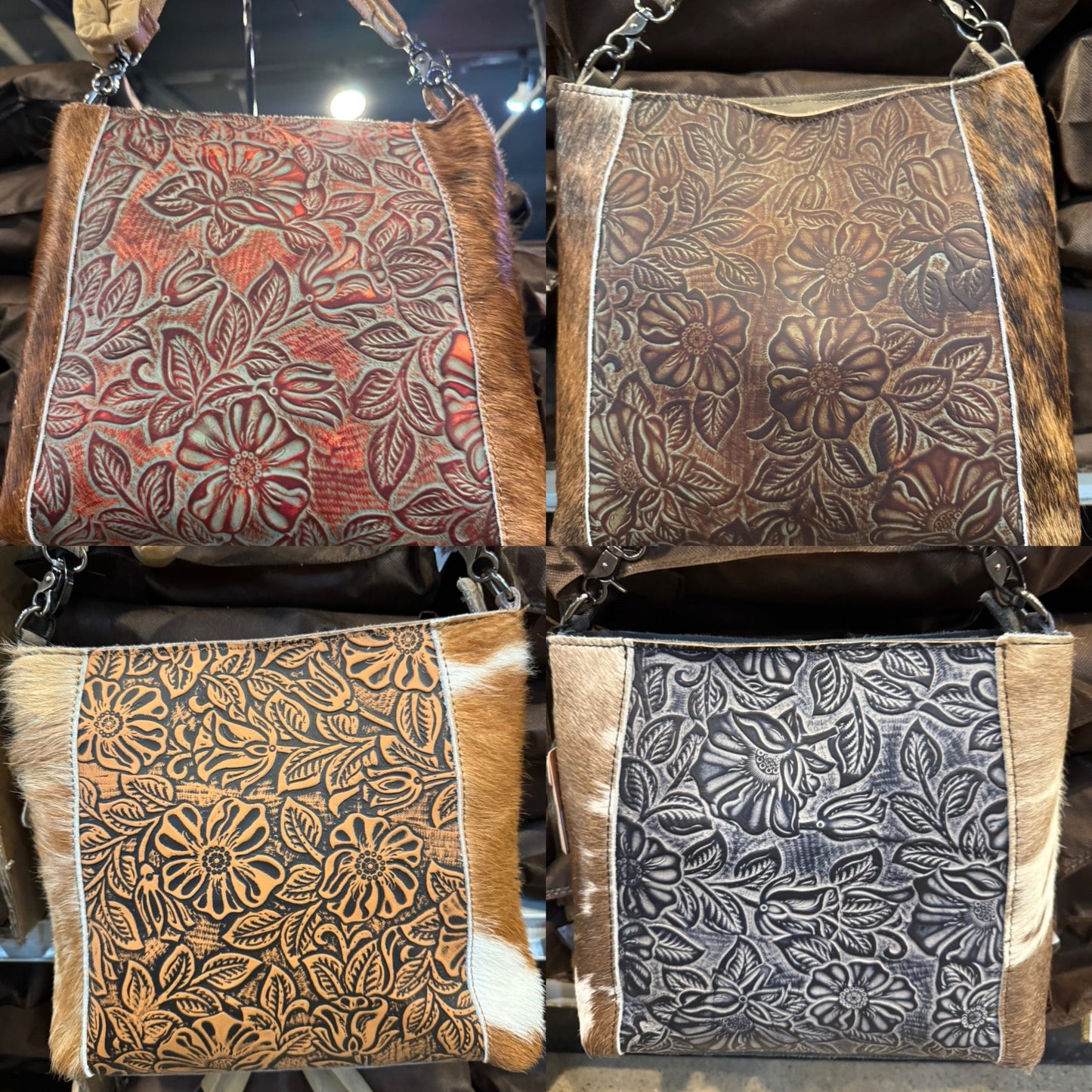 BA2826 Center Floral Tooled Cowhide Handbag