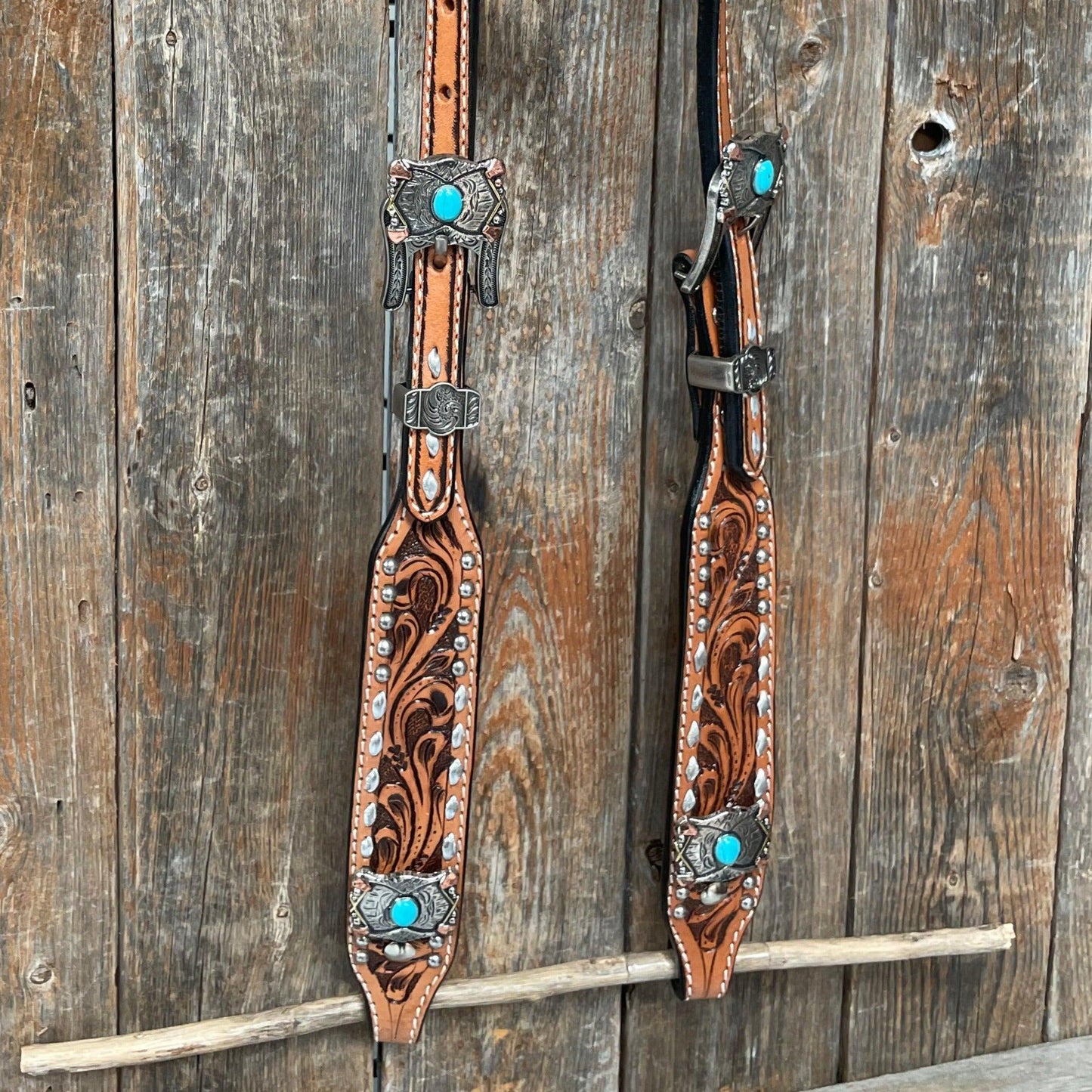 Silver Buckstitch with Turquoise Browband / One Ear / Breastcollar Tack Set #BBBC478