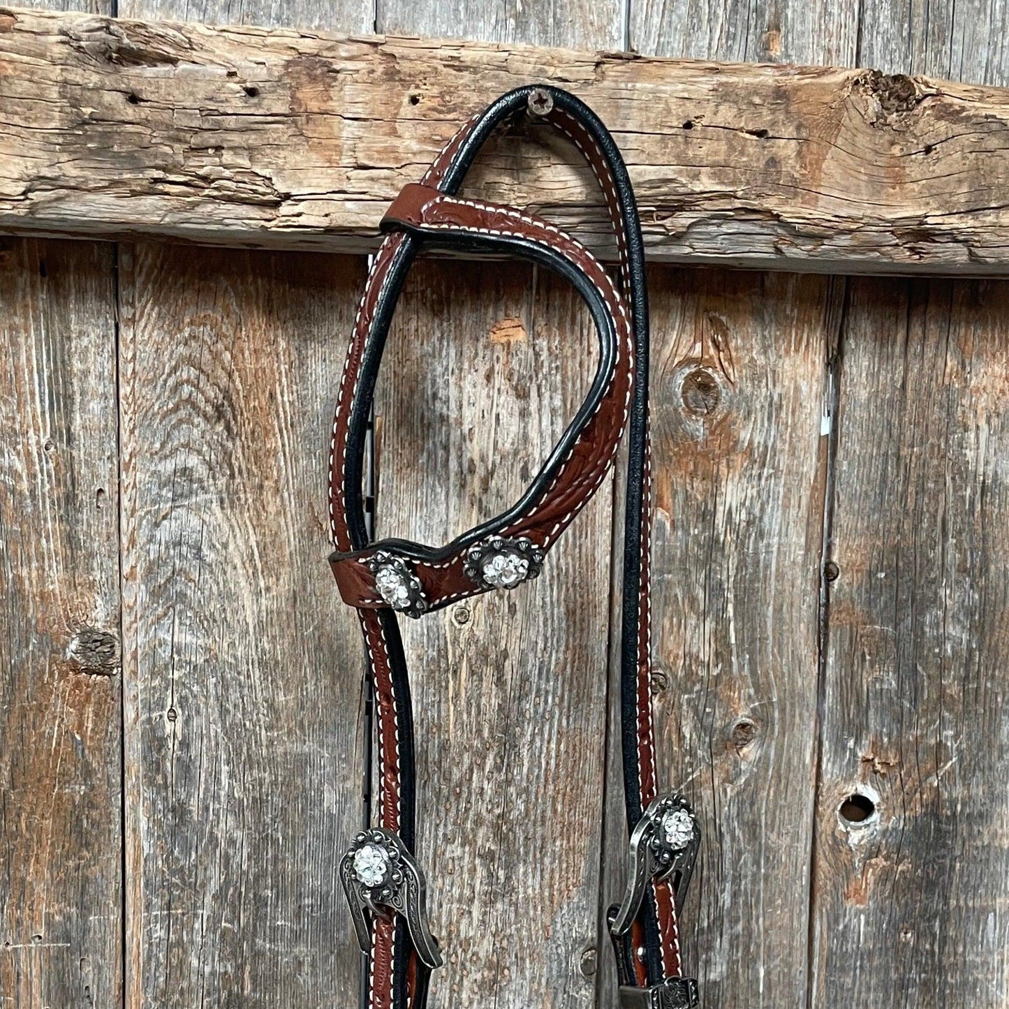 Medium Oil Floral Scalloped Clear Browband / One Ear / Breastcollar Buckstitch Tack Set #BBBC485