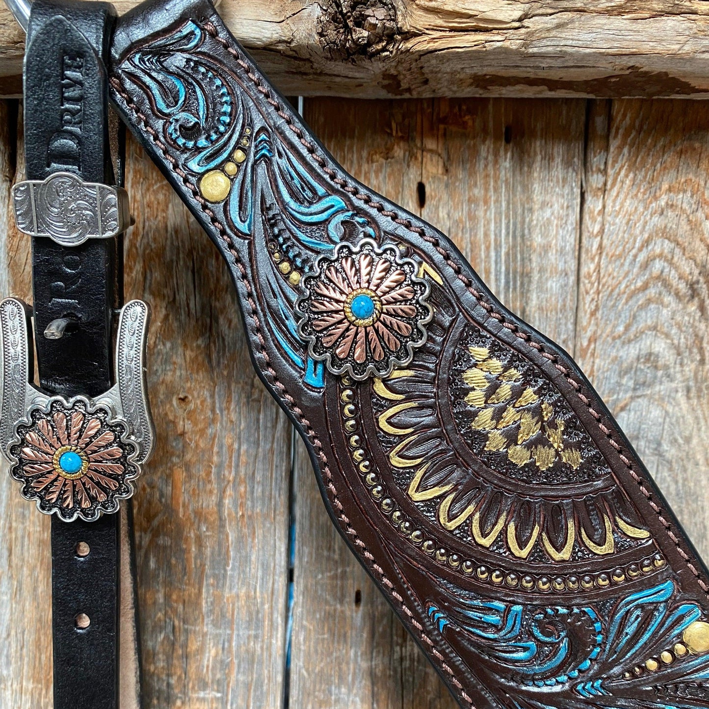 Dark Oil Blue and Gold Browband & Breastcollar Tack Set #BBBC505