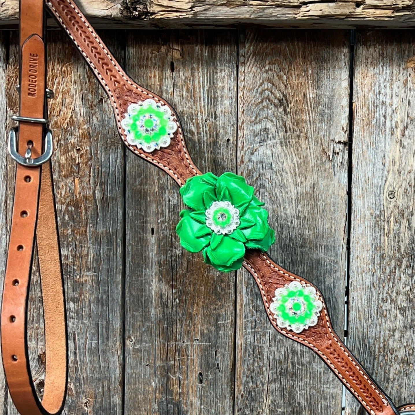 Light Oil Basketweave Neon Green - AB Browband/One Ear Tack Set #BBBC608