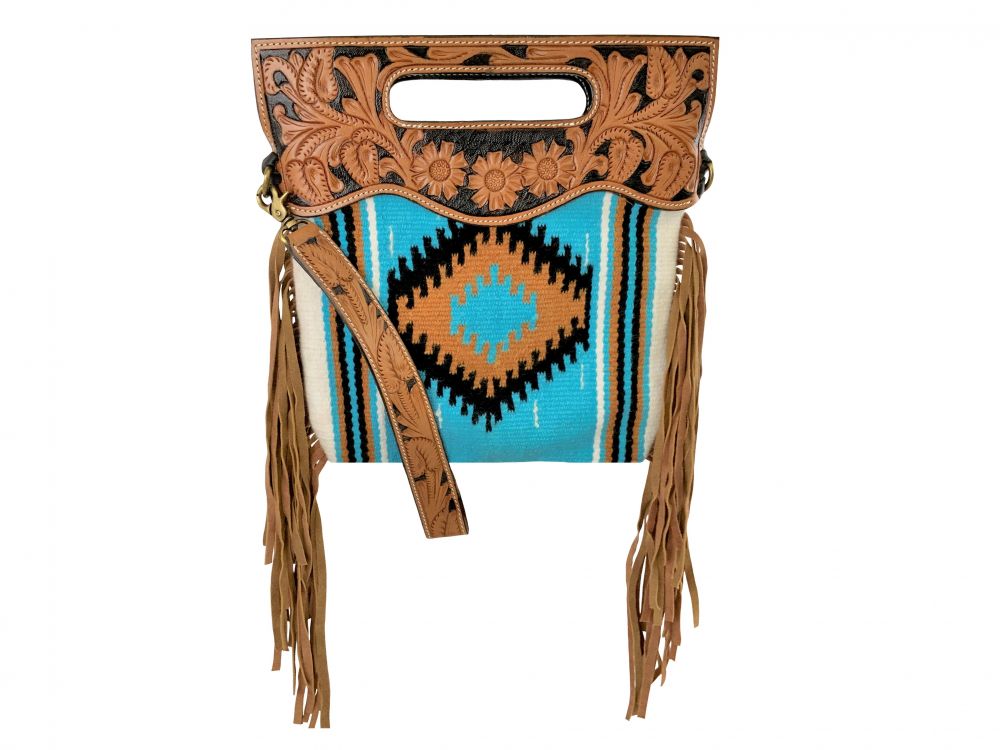 BG- 758 Saddle blanket handbag with genuine leather floral tooled handle and carry strap and zip closure.