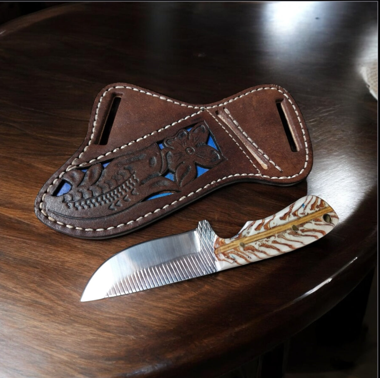 7.5" Back of Belt Knife – Rasp Tool Blade & White Pine Cone Handle with Leather Case