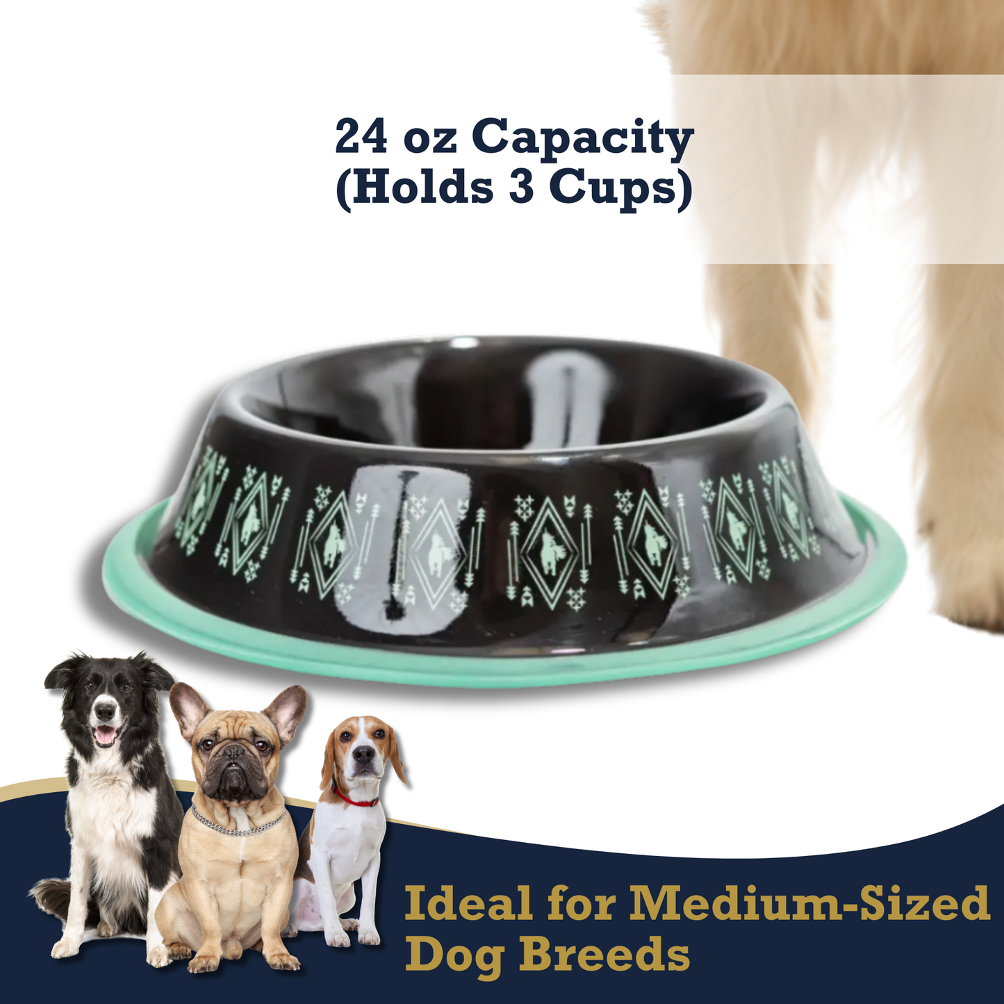 Non-Skid Boho Stainless Steel Dog Bowl – with Whimsical Unicorn Design, Silicone Base for Medium Dogs – 24oz