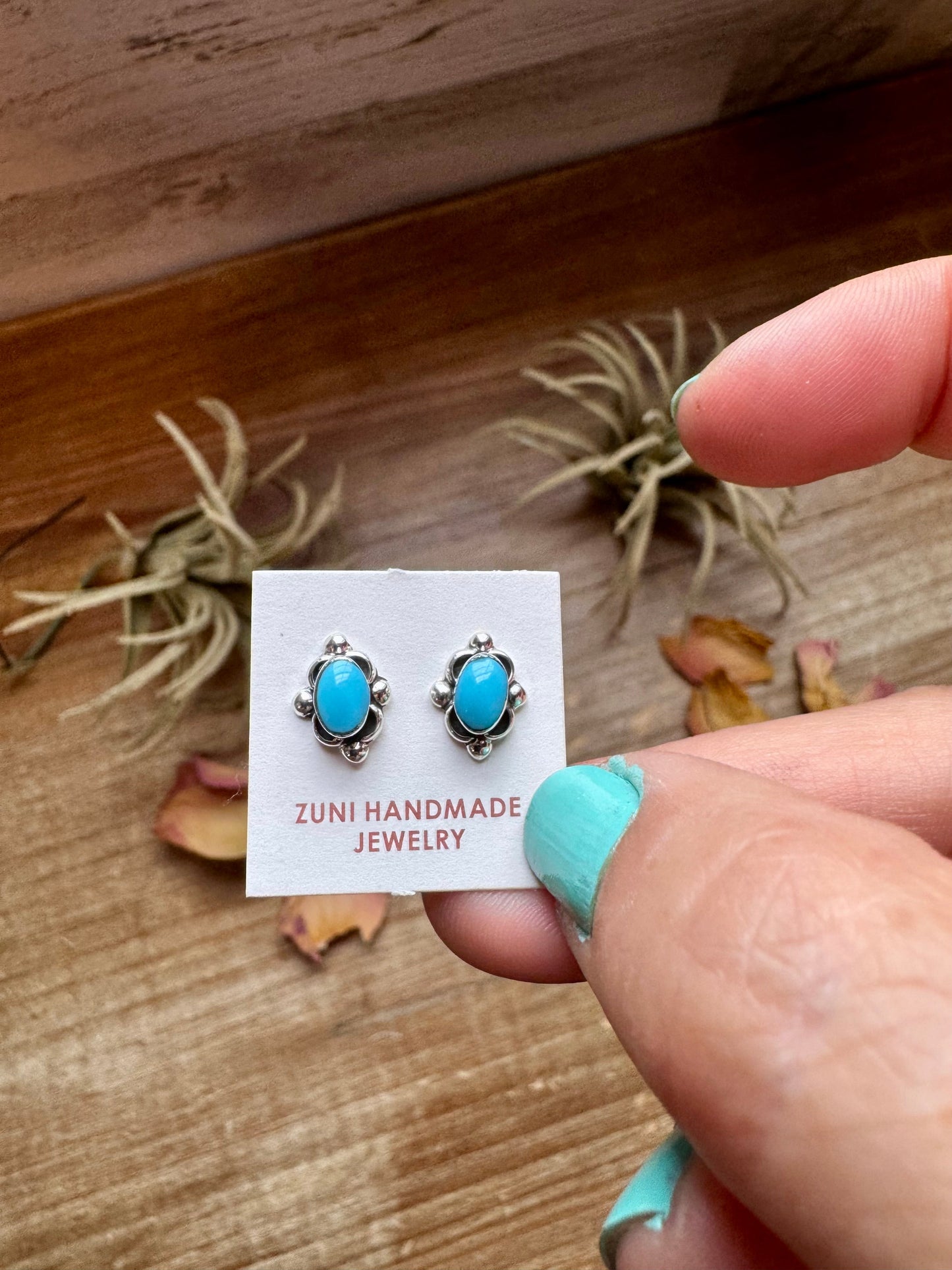 Zuni Mini Stud Earrings – Kingman Turquoise & Sterling Silver