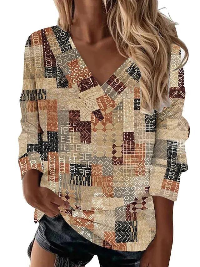 Boho Western V-Neck Long Sleeved Top – Stylish Cowgirl Fashion with Geometric Patterns