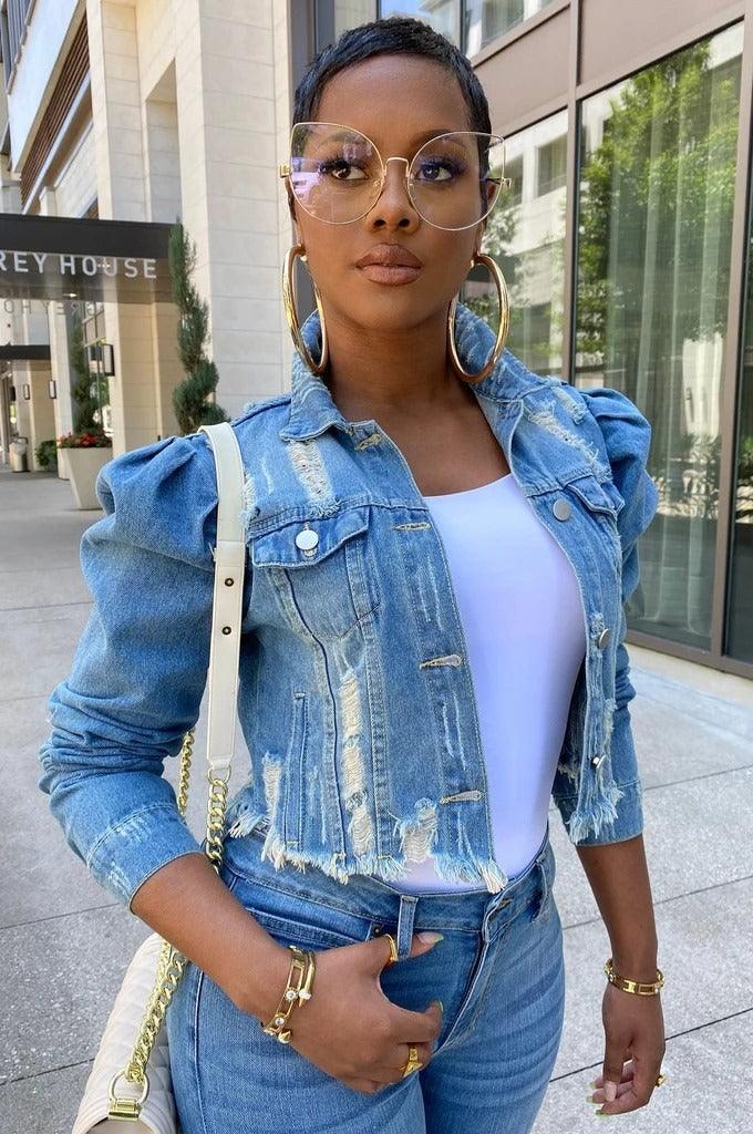Chic Distressed Denim Puffy Sleeves Jacket – Fashionable Cropped Jean Jacket