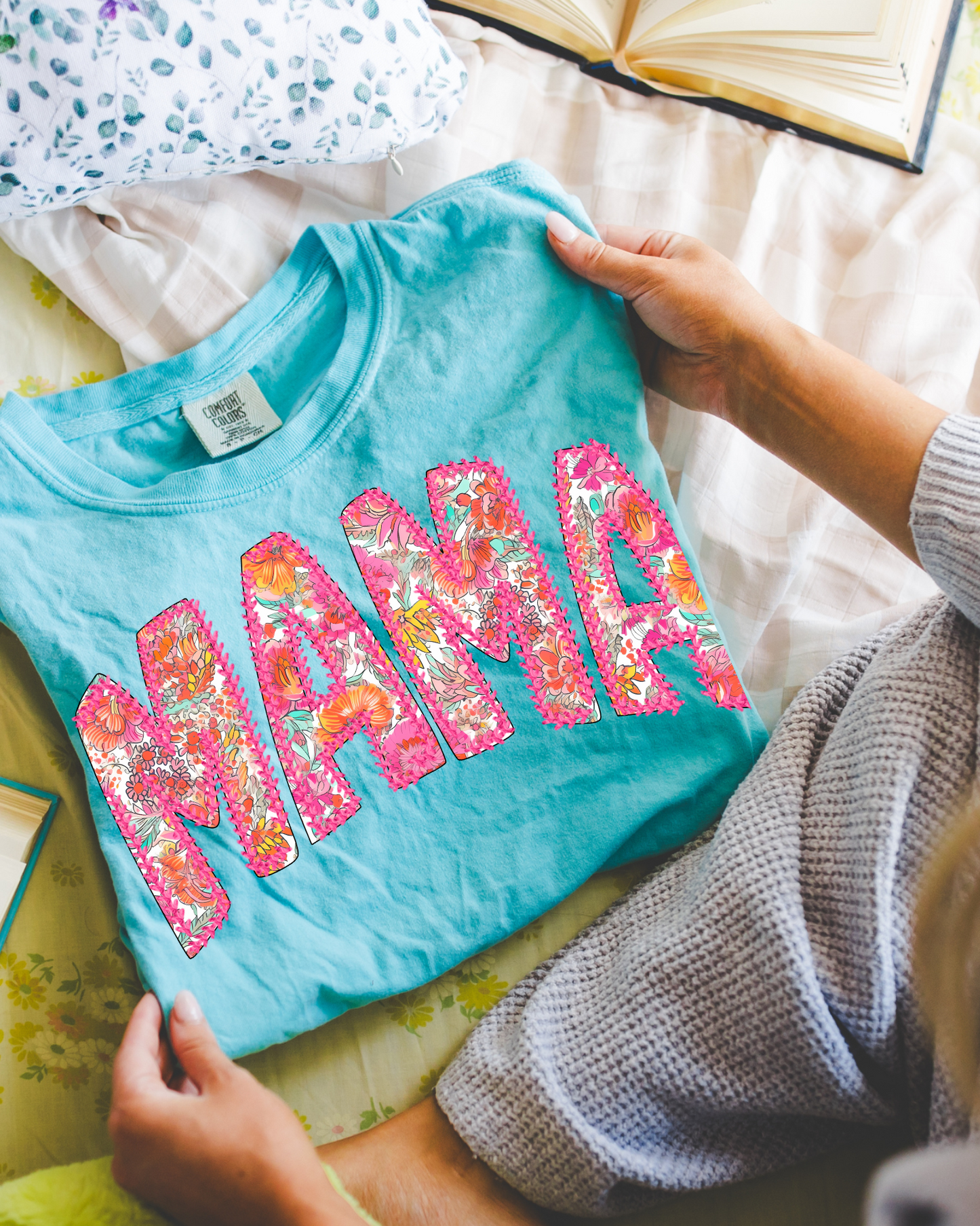 Faux Embroidery Floral Mama Lagoon Blue Comfort Colors Tee